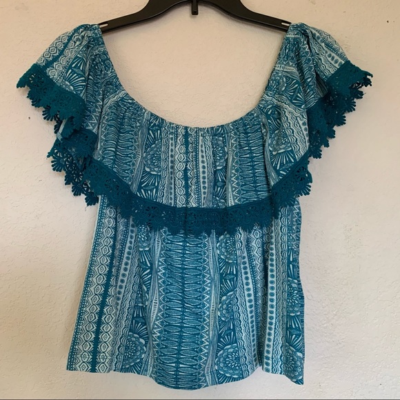 Roxy Teal Blue Aztec Off the Shoulder Top - Picture 2 of 5